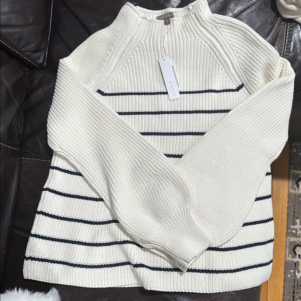 NWT Lilla P Cream and Black Striped Sweater